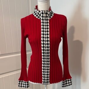 Belldini Red and Black Houndstooth Zippered Sweater